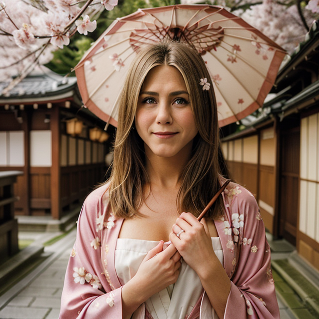 epiCRealism, Jennifer Aniston cute girl, kimono, cherry blossoms, Japan, holding umbrella , Low nose ,  with her chest exposed, showing off her attractive body , full shot, deep photo, depth of field, Superia 400, bokeh, realistic lighting, professional colorgraded, a male
