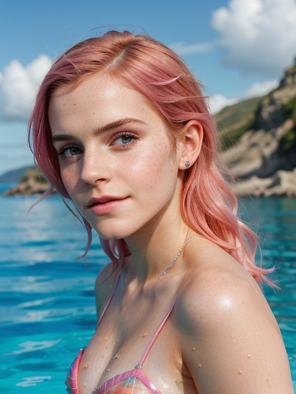 a photo of a beautiful, cute, Emma Watson transformed into a mermaid, beautiful, pink hair, wearing gorgeous clothes, swimming with whales, blue eyes, shiny skin, freckles, detailed skin, price labels, a masterpiece