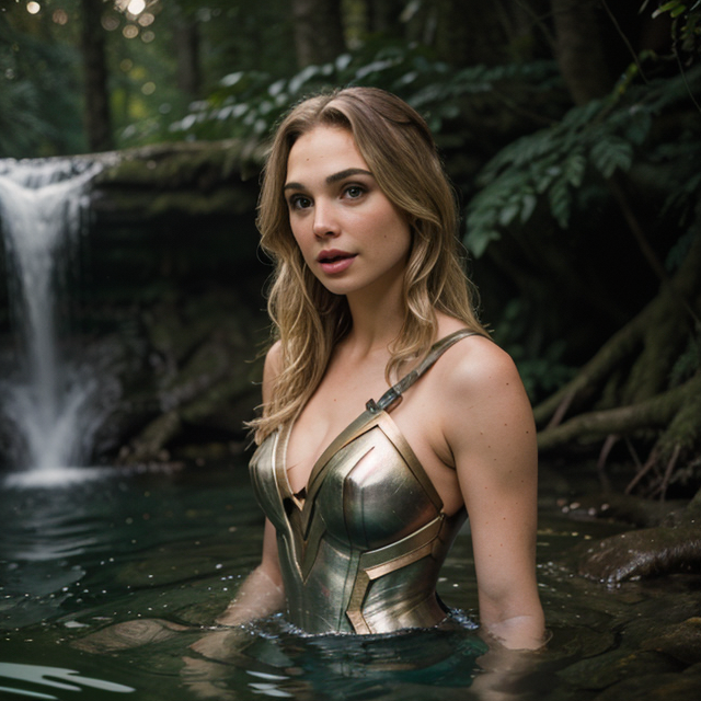 epiCRealism, Blonde Gal Gadot swims in waterfalls, around trees, full shot, deep photo, depth of field, Superia 400, bokeh, realistic lighting, professional colorgraded, a male