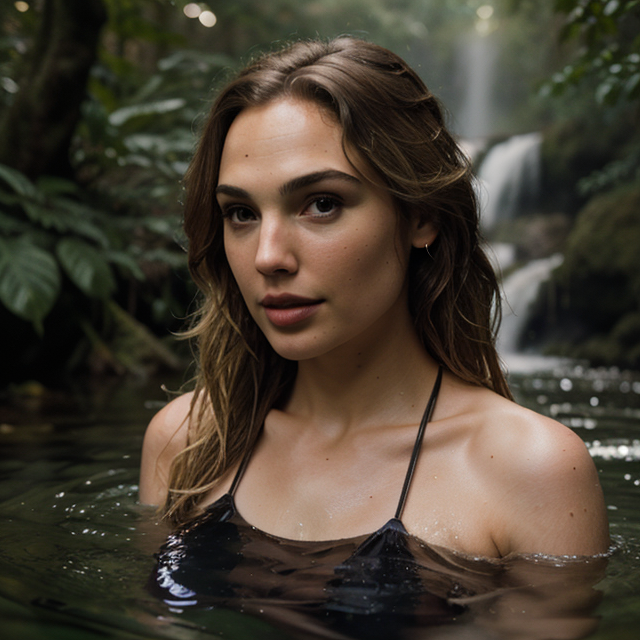epiCRealism, Blonde Gal Gadot swims in waterfalls, around trees, full shot, deep photo, depth of field, Superia 400, bokeh, realistic lighting, professional colorgraded, a male
