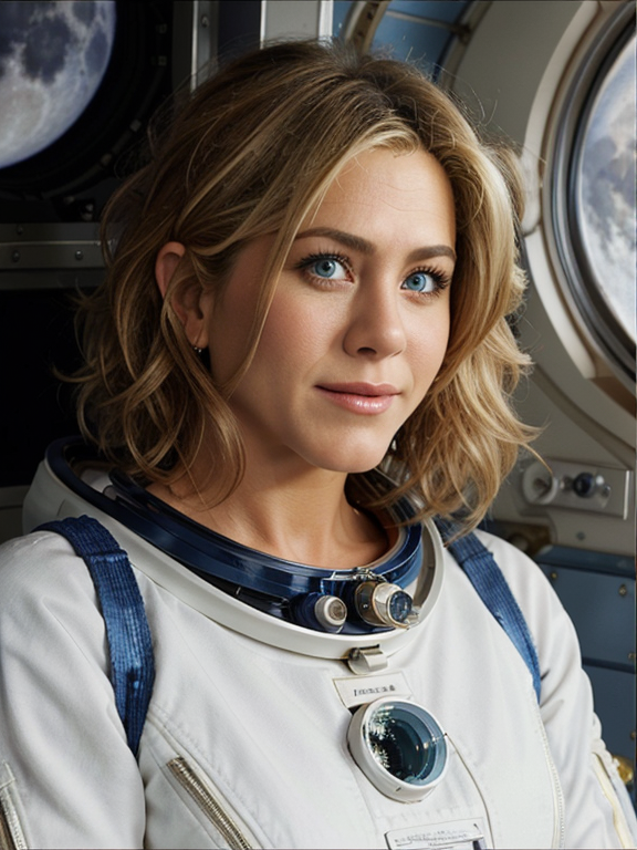 a photo of a beautiful, cute, a photo of a beautiful, cute, Jennifer Aniston, Blonde curly hair, wear astronaut clothes, out space,moon , blue eyes, shiny skin, freckles, detailed skin, price labels, a masterpiece
