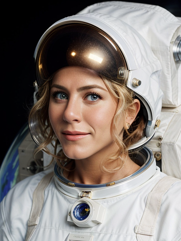 a photo of a beautiful, cute, a photo of a beautiful, cute, Jennifer Aniston, Blonde curly hair, wear astronaut clothes, out space,moon , blue eyes, shiny skin, freckles, detailed skin, price labels, a masterpiece
