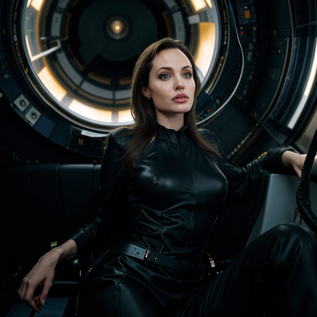 epiCRealism, Angelina Jolie travels to Nasa space, showing off her zero-gravity figure, full shot, deep photo, depth of field, Superia 400, bokeh, realistic lighting, professional colorgraded, a male