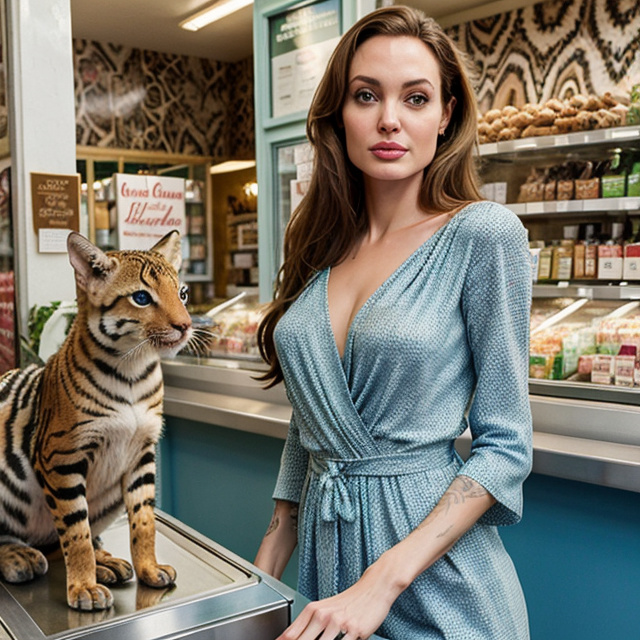 a photo of a beautiful, cute, Angelina Jolie wears patterned clothes in the zoo, surrounded by many cute animals , standing behind the counter, blue eyes, shiny skin, freckles, detailed skin, price labels, a masterpiece