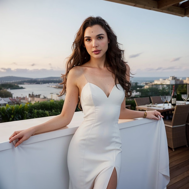 a photo of a beautiful, cute, Gal Gadot wore a white dress with long curly hair on the terrace to celebrate the New Year with wine and fireworks in the sky fireworks in the sky, rooftop setting, banquet tables and red wine, standing behind the counter, blue eyes, shiny skin, freckles, detailed skin, price labels, a masterpiece