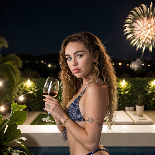epiCRealism, Miley Cyrus wearing a ʙικιɴι, long curly hair on the terrace to welcome the new year, holding a glᴀss of wine, there are fireworks in the sky next to the swimming pool, full sH๏τ, deep pH๏τo, depth of field, Superia 400, bokeh, realistic lighting, professional colorgraded, a male