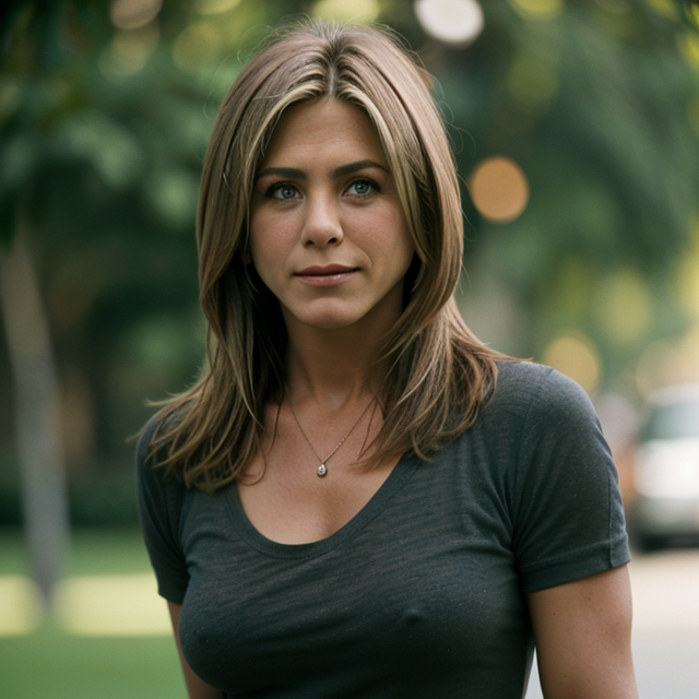 epiCRealism, Jennifer Aniston does not wear a bra with a T-shirt outside, full shot, deep photo, depth of field, Superia 400, bokeh, realistic lighting, professional colorgraded, a male