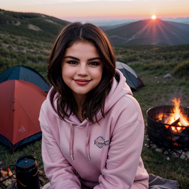 epiCRealism, selena gomez smiles radiantly, wearing a pink hoodie climbing a mountain, camping by the campfire, surrounded by sunset, full shot, deep photo, depth of field, Superia 400, bokeh, realistic lighting, professional colorgraded, a male