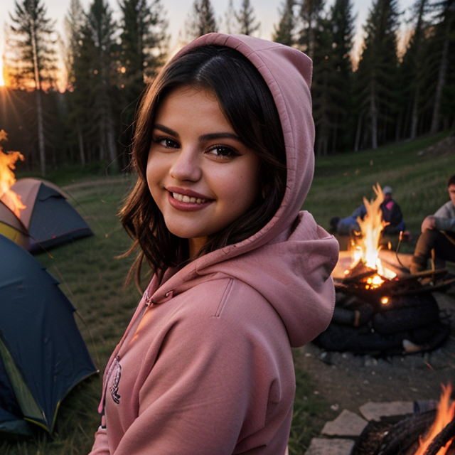 epiCRealism, selena gomez smiles radiantly, wearing a pink hoodie climbing a mountain, camping by the campfire, surrounded by sunset, full shot, deep photo, depth of field, Superia 400, bokeh, realistic lighting, professional colorgraded, a male