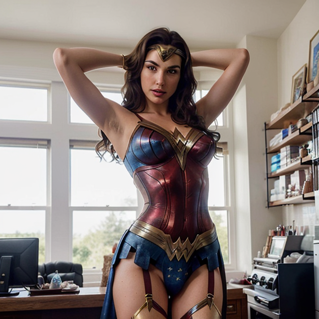 a photo of a beautiful, cute, Wonder bra for Wonder Woman! Gal Gadot poses in sexy lingerie and and tights as she reclines in hammock for racy photo shoot, full clothes, standing behind the counter, blue eyes, shiny skin, freckles, detailed skin, price labels, a masterpiece