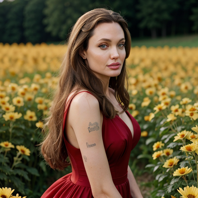epiCRealism, Angelina Jolie wears a red dress walking in a field of chrysanthemums, full shot, deep photo, depth of field, Superia 400, bokeh, realistic lighting, professional colorgraded, a male, full shot, deep photo, depth of field, Superia 400, bokeh, realistic lighting, professional colorgraded, a male
