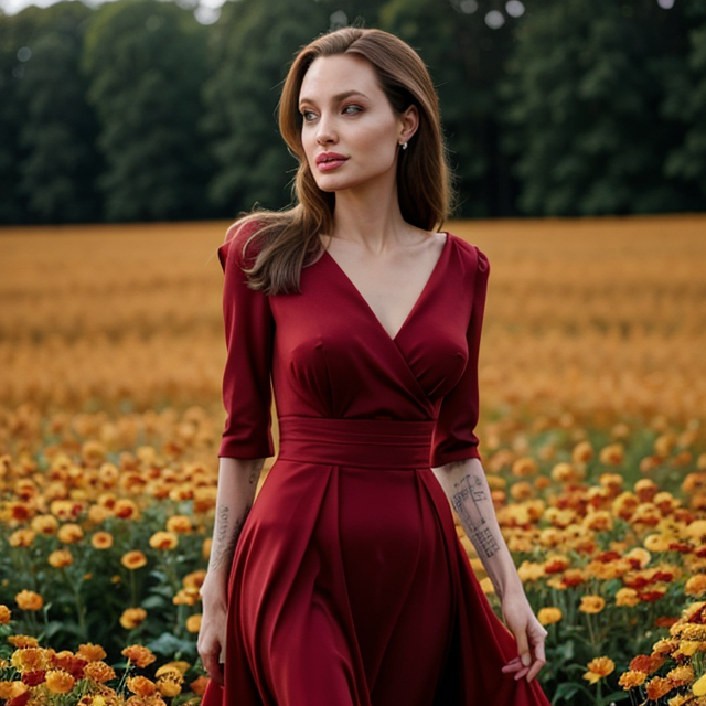 epiCRealism, Angelina Jolie wears a red dress walking in a field of chrysanthemums, full shot, deep photo, depth of field, Superia 400, bokeh, realistic lighting, professional colorgraded, a male, full shot, deep photo, depth of field, Superia 400, bokeh, realistic lighting, professional colorgraded, a male