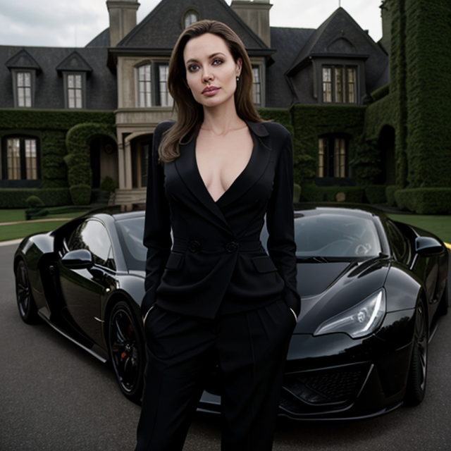 epiCRealism, Angelina Jolie wearing a black suit standing outside a massive mansion and supercar, full shot, deep photo, depth of field, Superia 400, bokeh, realistic lighting, professional colorgraded, a male