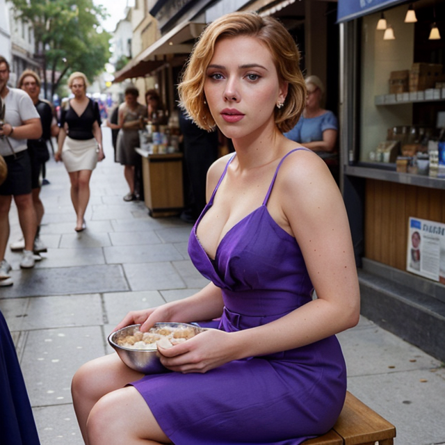 a photo of a beautiful, cute, Scarlett Johansson sat on the street eating porridge, a simple meal, unexpectedly celebrities were just like ordinary people, she wore a simple purple dress, standing behind the counter, blue eyes, shiny skin, freckles, detailed skin, price labels, a masterpiece