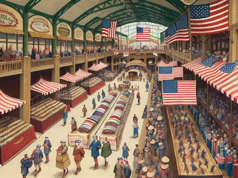 Americana style, painting, illustration, old time, shopping, crowds, playing, indoors, hunting, camping, parade, families, many activities, many people, colorful, Americana.