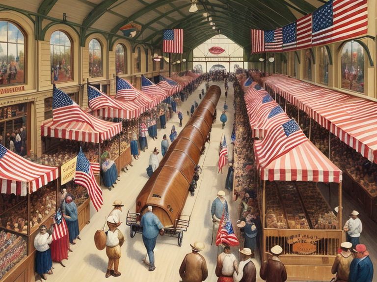 Americana style, painting, illustration, old time, shopping, crowds, playing, indoors, hunting, camping, parade, families, many activities, many people, colorful, Americana.
