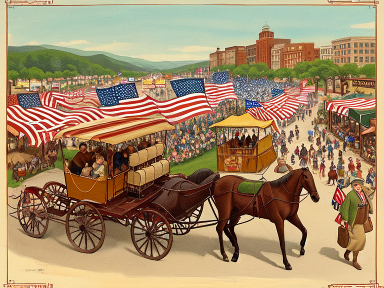 Americana style, painting, illustration, old time, shopping, crowds, playing, hunting, camping, parade, families, many activities, many people, colorful, Americana.