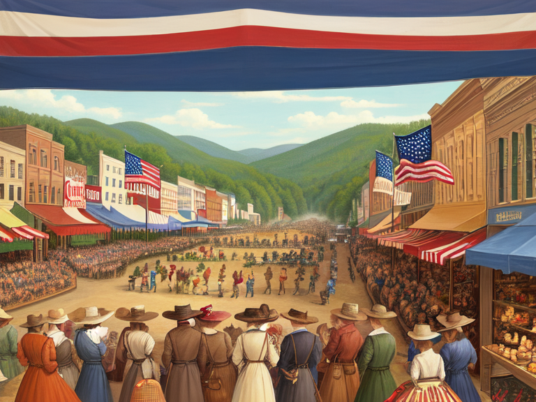 Americana style, painting, illustration, old time, shopping, crowds, playing, hunting, camping, parade, families, many activities, many people, colorful, Americana.