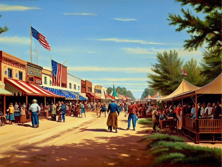 Americana style, painting, illustration, old time, shopping, crowds, playing, hunting, camping, families, many activities, many people, colorful, Americana.