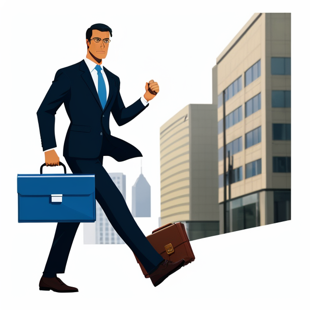 A dynamic office man running to catch a bus, with a briefcase in hand and a determined look, isolated on a white background, vibrant clipart style 