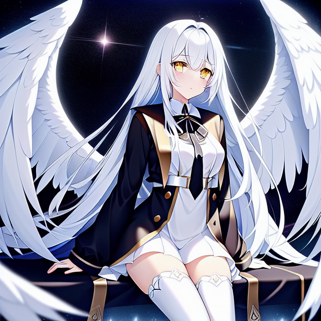 The beautiful angel girl has a long white hair, yellow eyes, medium breasts, medium thighs, cute and skinny, wearing a dark university uniform (more black than white), middle of the picture, looking at viewer, on the very beautiful aesthetic heavenly dimension, 2d art, Japanese anime styles, cold atmosphere art, soulgen anime digital art, anime art, detailed, quality anime art, heaven background