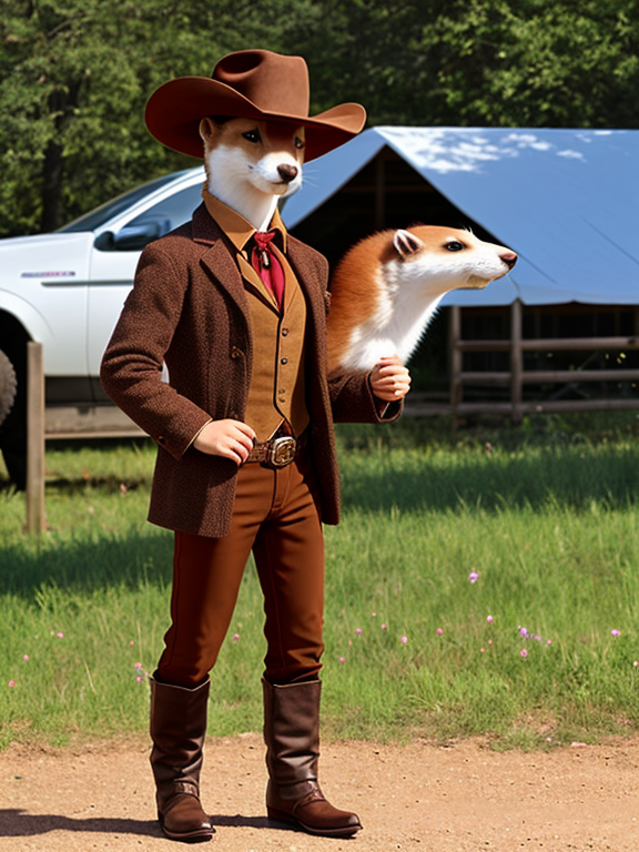 Full Body view, a weasel dressed as a cowboy