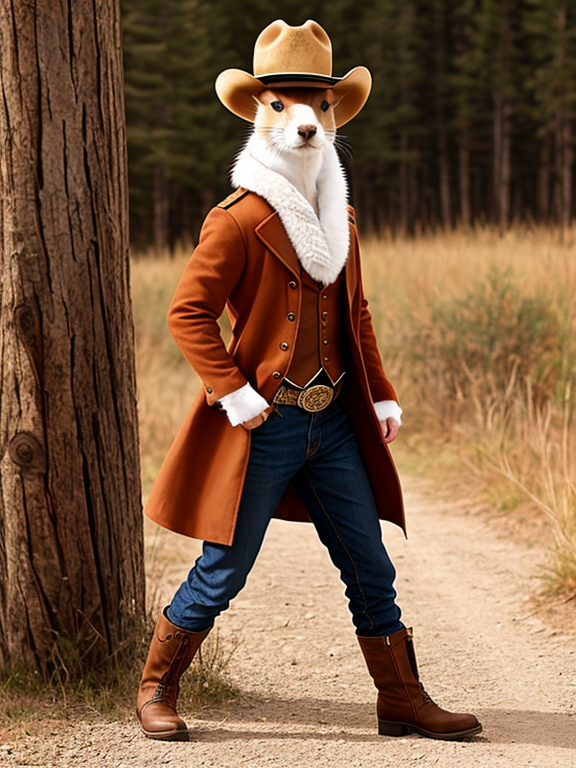 Full Body view, a weasel dressed as a cowboy