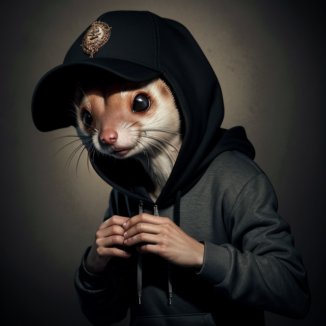  by Anton Semenov, A weasel wearing sweat pants and a hoodie and a baseball cap, abstract dream, intricate details <lora:Add More Details:0.7>