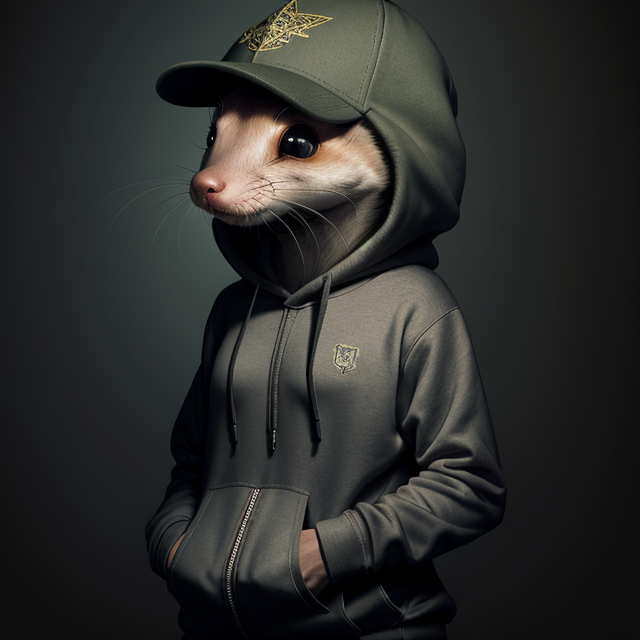  by Anton Semenov, A weasel wearing sweat pants and a hoodie and a baseball cap, abstract dream, intricate details <lora:Add More Details:0.7>