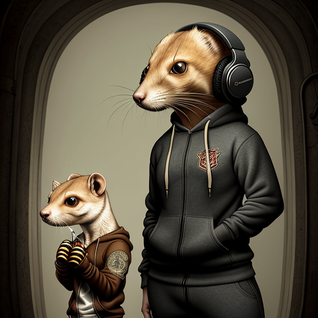  by Anton Semenov, Full bodie view, a weasel wearing sweat pants and a hoodie and a baseball cap and boots and headphones, abstract dream, intricate details <lora:Add More Details:0.7>