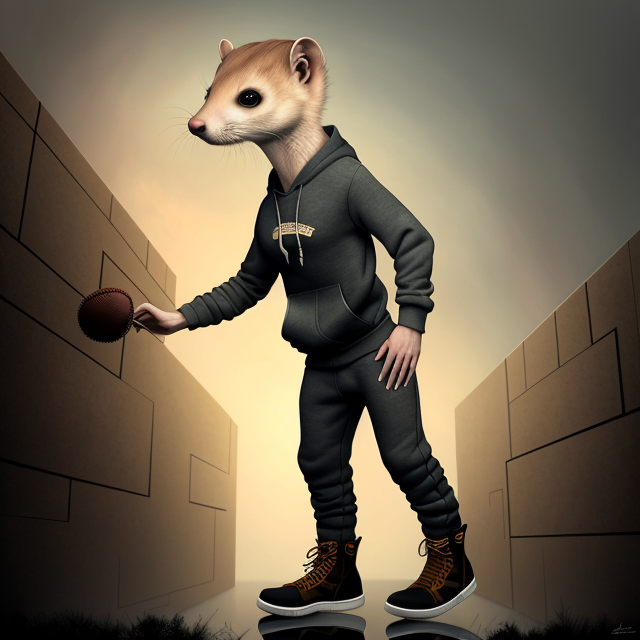  by Anton Semenov, Full bodie view, a male weasel wearing sweat pants and a hoodie and a baseball cap and boots , abstract dream, intricate details <lora:Add More Details:0.7>