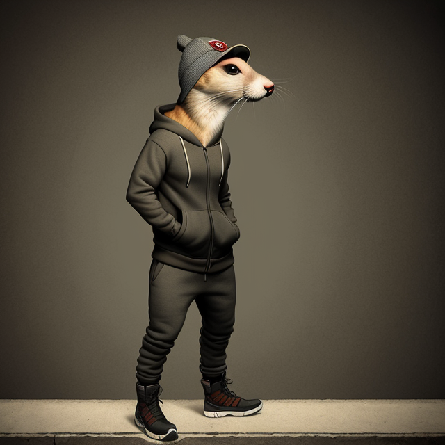  by Anton Semenov, Full bodie view, a male weasel wearing sweat pants, a hoodie, a baseball cap and boots , abstract dream, intricate details <lora:Add More Details:0.7>