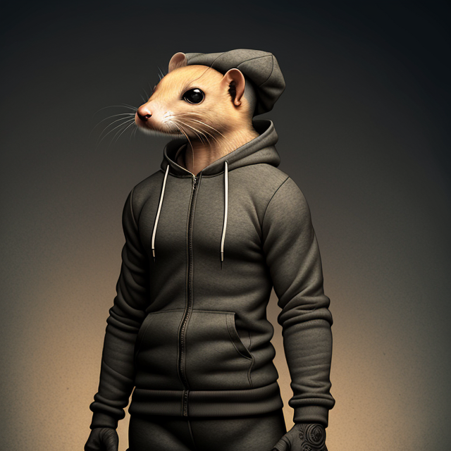 by Anton Semenov, Full bodie view, a male weasel wearing sweat pants, a hoodie, a baseball cap, boots and gloves, abstract dream, intricate details <lora:Add More Details:0.7>