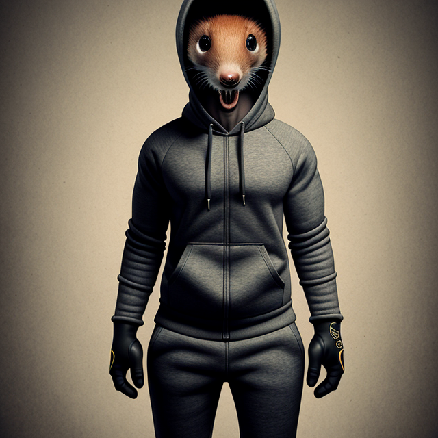  by Anton Semenov, Full bodie view, a male weasel wearing sweat pants, a blank hoodie, a baseball cap, boots and gloves, abstract dream, intricate details <lora:Add More Details:0.7>