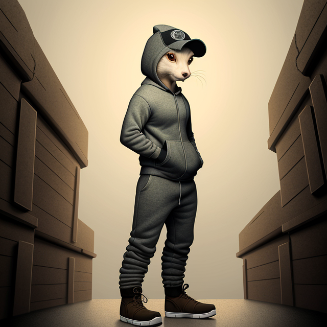  by Anton Semenov, Full bodie view, a male weasel wearing blank sweat pants, a blank hoodie, a baseball cap, boots and gloves, abstract dream, intricate details <lora:Add More Details:0.7>