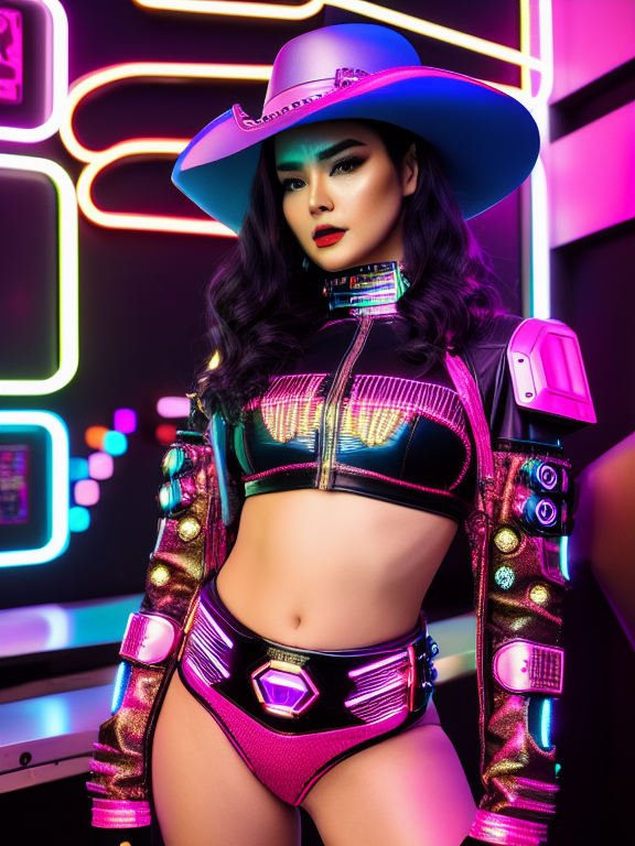 Anime Girl dressed in a stylish, futuristic cowgirl outfit stands confidently in a neon-lit environment. ((Cyberpunk Style)), She is wearing a cowboy hat with decorative elements, a leather jacket over a crop top, and matching camo-print miniskirt. The background features vibrant pink and blue neon lights, enhancing the overall cyberpunk ambiance., the most beautiful in the world, her face is ethereal, intricate details, epic, insanely complex, 8 k, sharp focus, hyperrealism, very realistic hyper detail, by Greg Rutkowski, by James Gurney cyberpunk synth-wave, model society, radiant skin, huge anime eyes, RTX on, perfect face, intricate, sony a 7 r iv, symmetric balance, polarizing filter, photo lab, lightroom, 4 k, Dolby vision, photography award vogue, surrounded by quirky artwork and eccentric props, with subtle references to famous art pieces, Whimsical, Highly detailed, Intricate, with warm and vibrant lighting, inspired by gustav klimt and frida kahlo, illustrated by Artgerm and Mandy Jurgens, cyberpunk, Vector illustration
