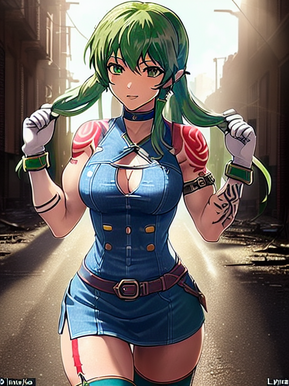 Lyndis from Fire Emblem with ((Body Tattoos)) in a Cleavage cutout and Denim Miniskirt, (Anime Style), Fit Body, Abs, (((Muscular Female))), (((Muscle Tone and Definition))), Light Green Eyes, Choker, Bracelet, Abandoned City Street, Backlight, Looking at Viewer, Cowboy Shot , ((best quality)), (highly detailed)), Masterpiece, ((official art)), (detailed eyes, deep eyes), (1girl:1, 33, solo), low-tied long hair,  hair rings, Medium breasts,  wide hips, thick thighs, ((:p)), skin tight, Latex, thigh boots,  (goggles, goggles on head), (white gloves), belt