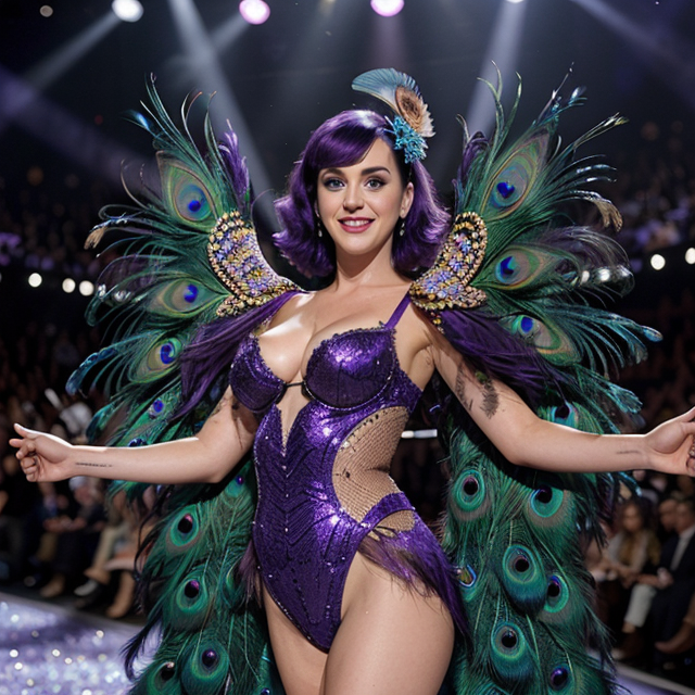 epiCRealism, Katy Perry smiled brightly on the catwalk in the Victoria's Secret show, wearing a peacock-winged purple feather outfit., full shot, deep photo, depth of field, Superia 400, bokeh, realistic lighting, professional colorgraded, a male