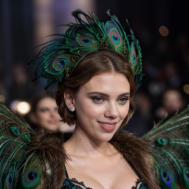 epiCRealism, Scarlett Johansson smiled brightly on the catwalk in the Victoria's Secret show, wearing a peacock-winged feather outfit., full shot, deep photo, depth of field, Superia 400, bokeh, realistic lighting, professional colorgraded, a male