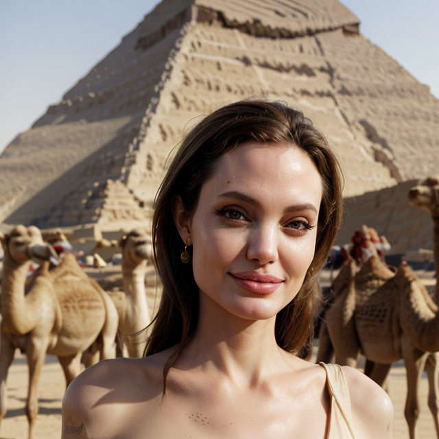 epiCRealism, Angelina Jolie smiled and posed in front of the Pyramid, surrounded by camels and a lake, full shot, deep photo, depth of field, Superia 400, bokeh, realistic lighting, professional colorgraded, a male