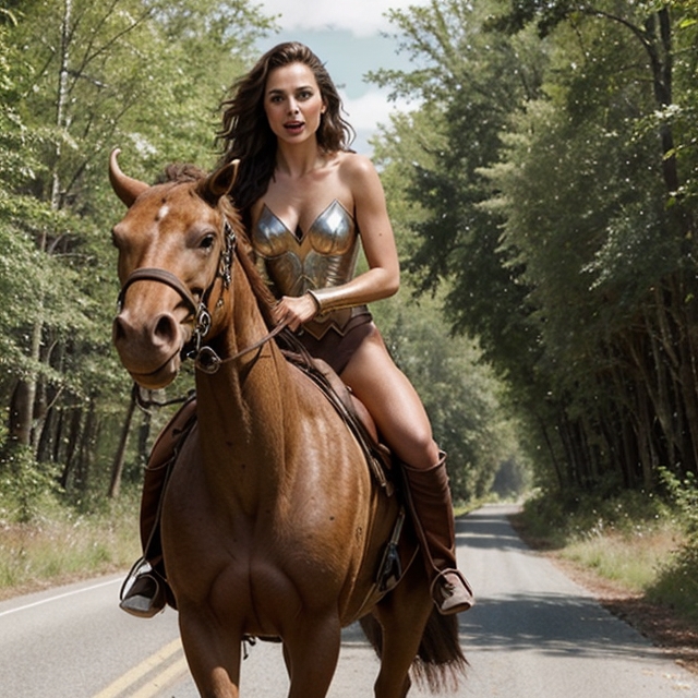 a photo of a beautiful, cute, Gal Gadot is riding a Tyrannosaurus rex on a forest road, wearing a brown cowboy outfit, holding the reins, surrounded by the forest, the tyrannosaur with its mouth open, shiny skin, freckles, detailed skin, price tag, a masterpiece, standing behind the counter, blue eyes, shiny skin, freckles, detailed skin, price labels, a masterpiece