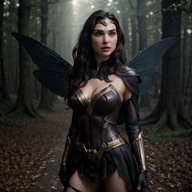 epiCRealism, Gal Gadot transformed into a dark fairy and showed off her  beautiful breasts   , full shot, deep photo, depth of field, Superia 400, bokeh, realistic lighting, professional colorgraded, a male