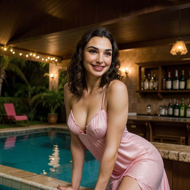 epiCRealism, Gal Gadot smiled radiantly wearing a pink nightgown inside a villa with a swimming pool, surrounded by a bar and floats, full shot, deep photo, depth of field, Superia 400, bokeh, realistic lighting, professional colorgraded, a male