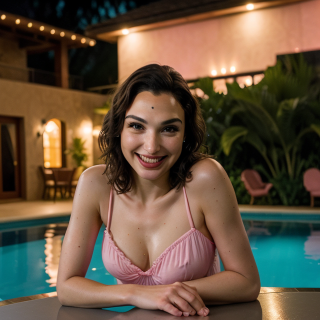 epiCRealism, Gal Gadot smiled radiantly wearing a pink nightgown inside a villa with a swimming pool, surrounded by a bar and floats, full shot, deep photo, depth of field, Superia 400, bokeh, realistic lighting, professional colorgraded, a male