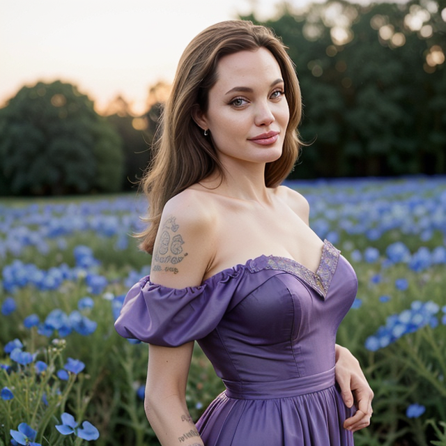 epiCRealism, Angelina Jolie smiled and posed in the Nemophila Flower Field, wearing a purple off-the-shoulder dress, full shot, deep photo, depth of field, Superia 400, bokeh, realistic lighting, professional colorgraded, a male