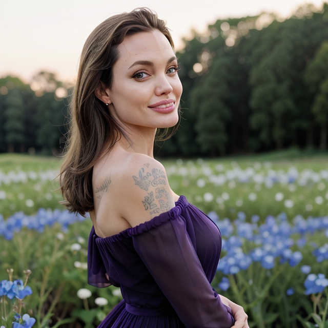 epiCRealism, Angelina Jolie smiled and posed in the Nemophila Flower Field, wearing a purple off-the-shoulder dress, full shot, deep photo, depth of field, Superia 400, bokeh, realistic lighting, professional colorgraded, a male