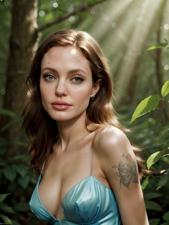 a photo of a beautiful, cute, A cute girl, beautiful, Angelina Jolie, fairy, winged, in the forest, Sunlight shines through each leaf, shimmering dimly , blue eyes, shiny skin, freckles, detailed skin, price labels, a masterpiece