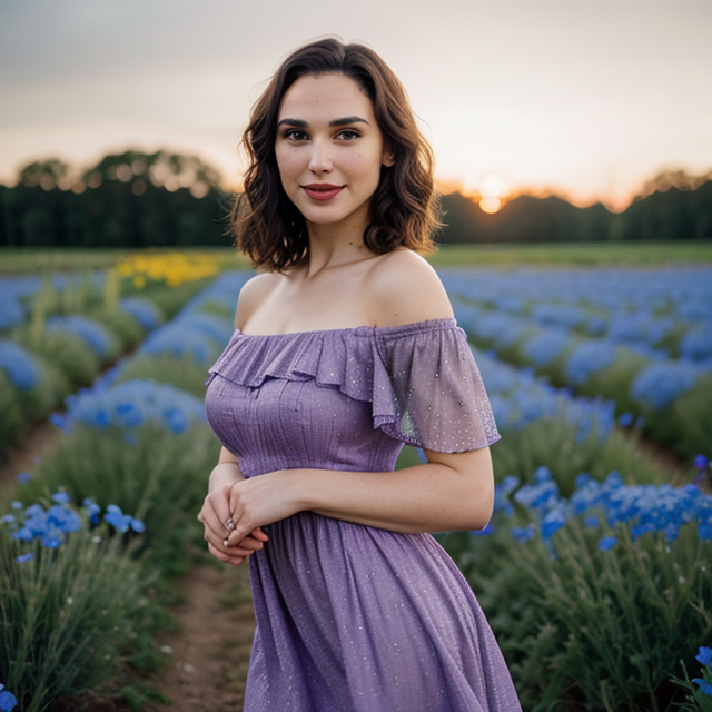 epiCRealism, epiCRealism, Gal Gadot  smiled and posed in the Nemophila Flower Field, wearing a purple off-the-shoulder dress, full shot, deep photo, depth of field, Superia 400, bokeh, realistic lighting, professional colorgraded, a male, full shot, deep photo, depth of field, Superia 400, bokeh, realistic lighting, professional colorgraded, a male