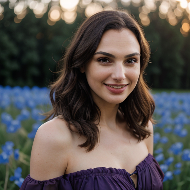 epiCRealism, epiCRealism, Gal Gadot  smiled and posed in the Nemophila Flower Field, wearing a purple off-the-shoulder dress, full shot, deep photo, depth of field, Superia 400, bokeh, realistic lighting, professional colorgraded, a male, full shot, deep photo, depth of field, Superia 400, bokeh, realistic lighting, professional colorgraded, a male
