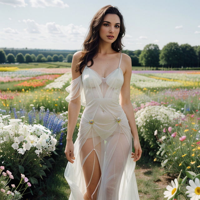 a photo of a beautiful, cute, gal gadot white see-through dress standing in a beautiful field of flowers, colorful flowers everywhere, perfect lighting, leica summicron 35mm f2.0, kodak portra 400, film grain, blue eyes, shiny skin, detailed skin, price labels, a masterpiece